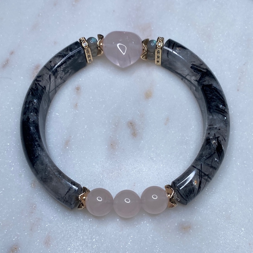 Black Tourmaline & Rose Quartz Heart Bangle Bracelet • Gold Accents • Protective - Picture 8 of 9